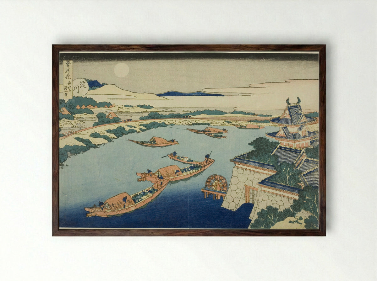 Moonlight on the Yodo River - Katsushika Hokusai - Framed Print Dark Wood