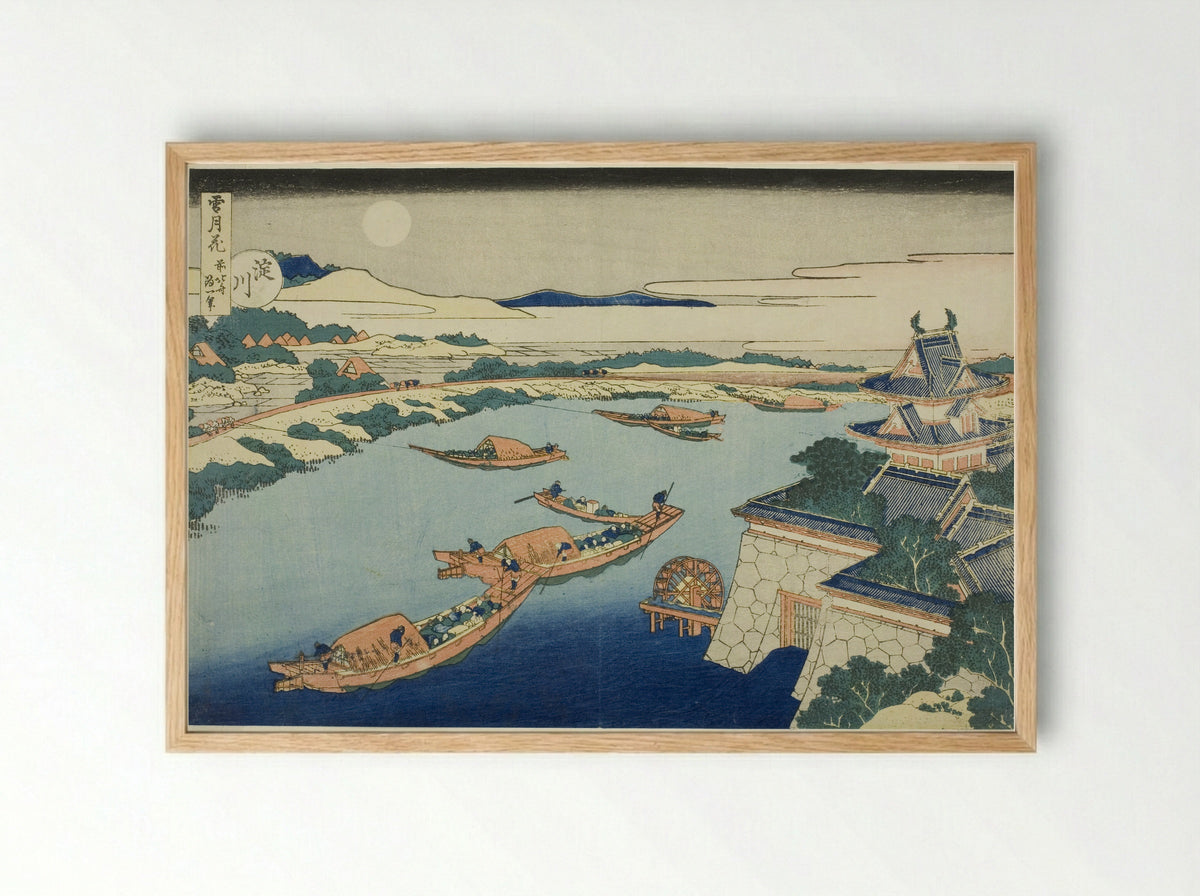 Moonlight on the Yodo River - Katsushika Hokusai - Framed Print Wood
