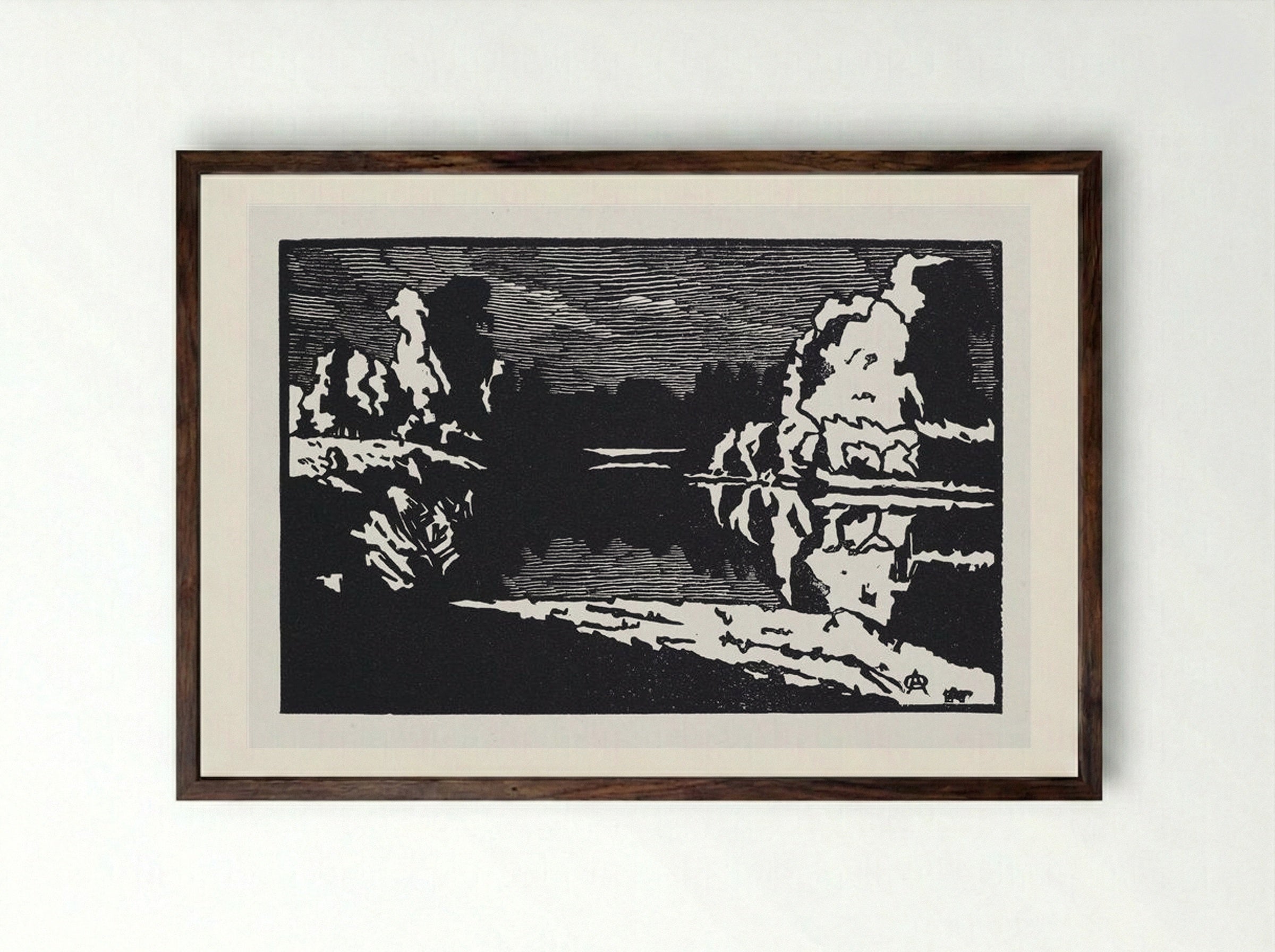 Moonlit Night Landscape - Anna Ostroumova-Lebedeva - Framed Print Dark Wood