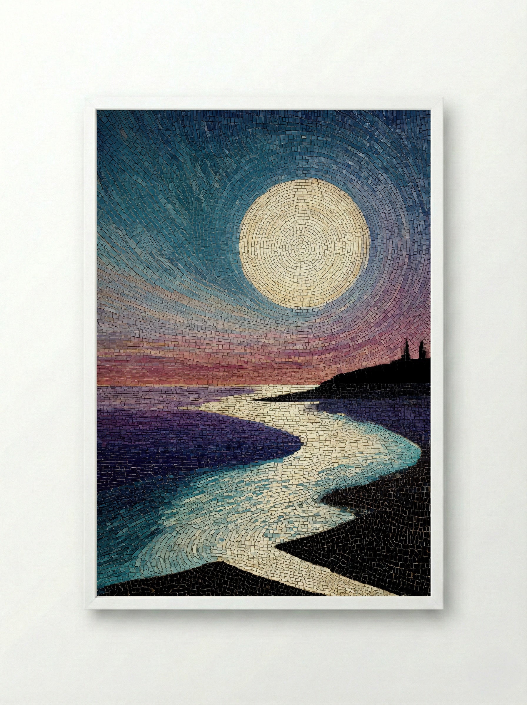 Moonlit Pavilion View - Japanese Mosaic Print - Framed Print White