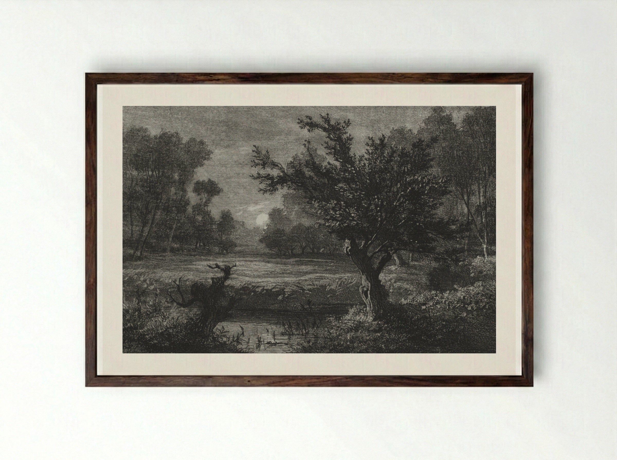 Moonrise in the Andilly Valley - Charles François Daubigny - Framed Print Dark Wood
