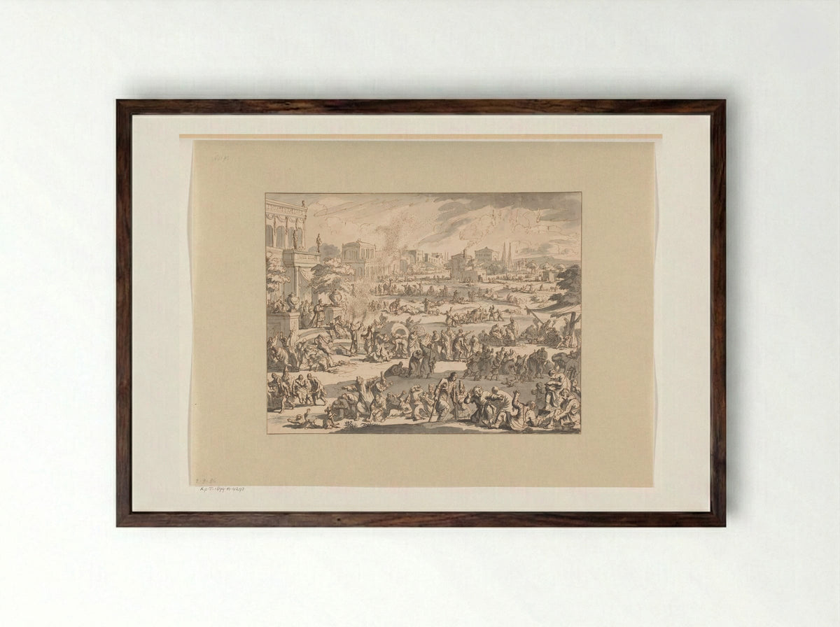 Moses and Aaron Calling Down Plagues upon the Egyptians - Jan Luyken - Framed Print Dark Wood