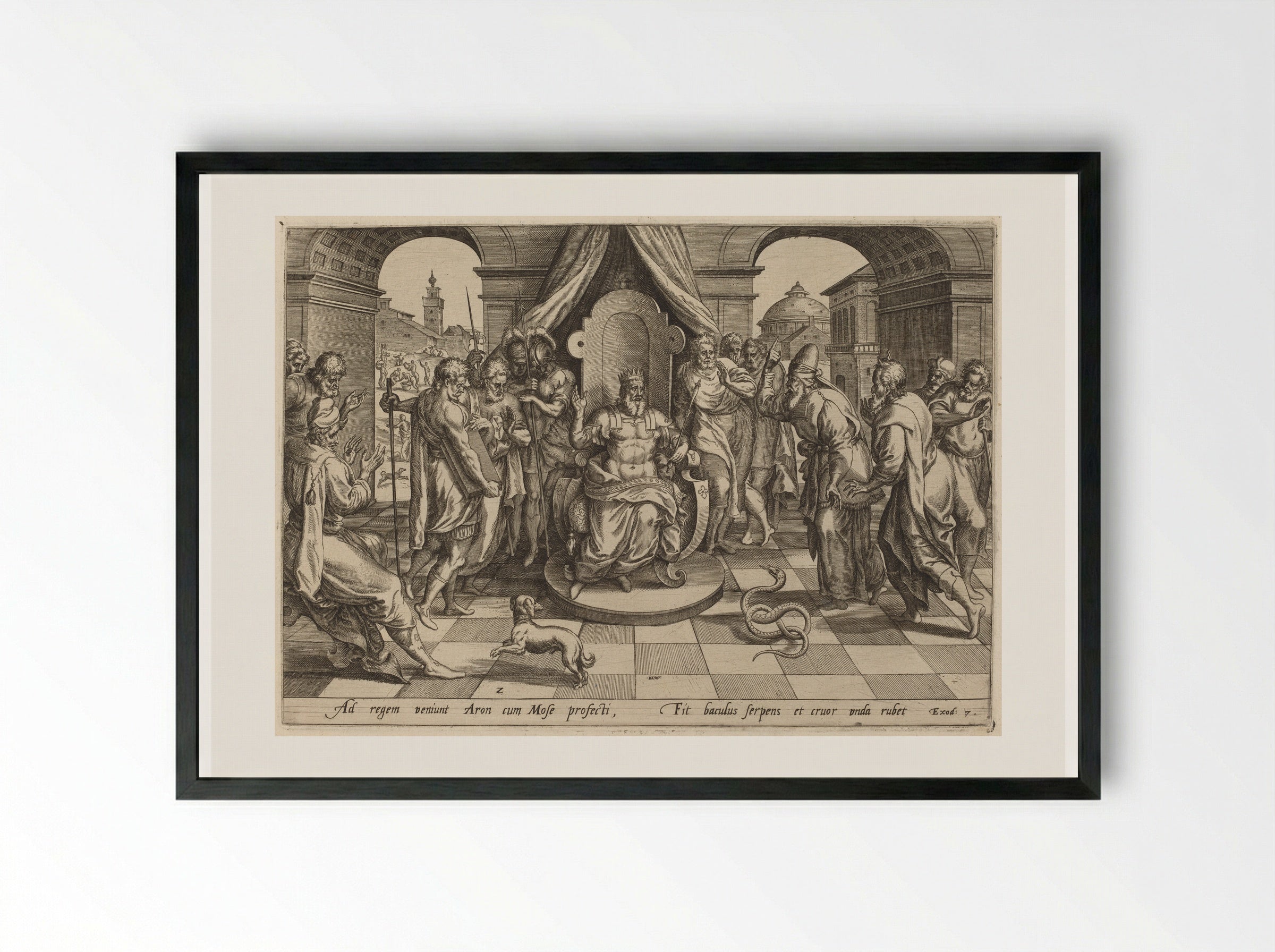 Moses and Aaron before Pharaoh - Johannes Wierix - Framed Print Black
