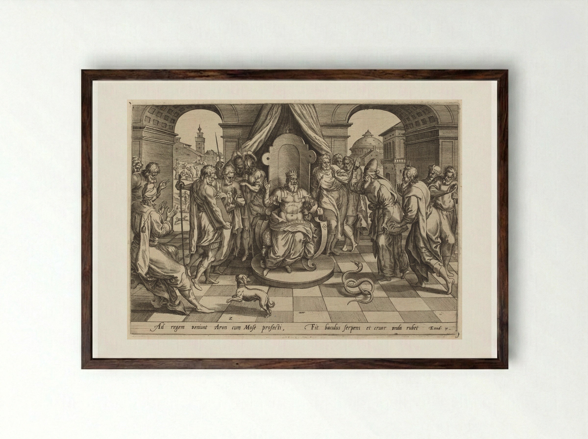 Moses and Aaron before Pharaoh - Johannes Wierix - Framed Print Dark Wood