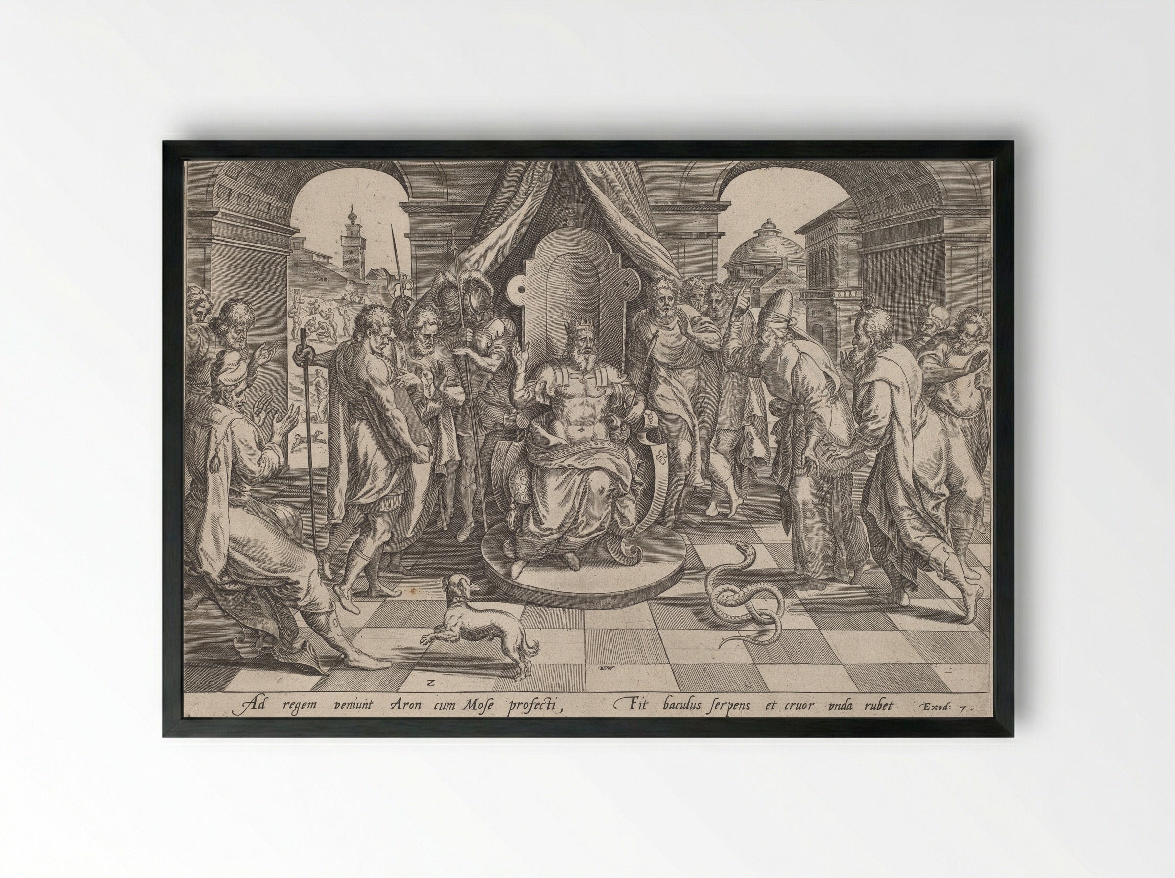 Moses and Aaron before the Pharaoh - Johannes Wierix - Framed Print Black