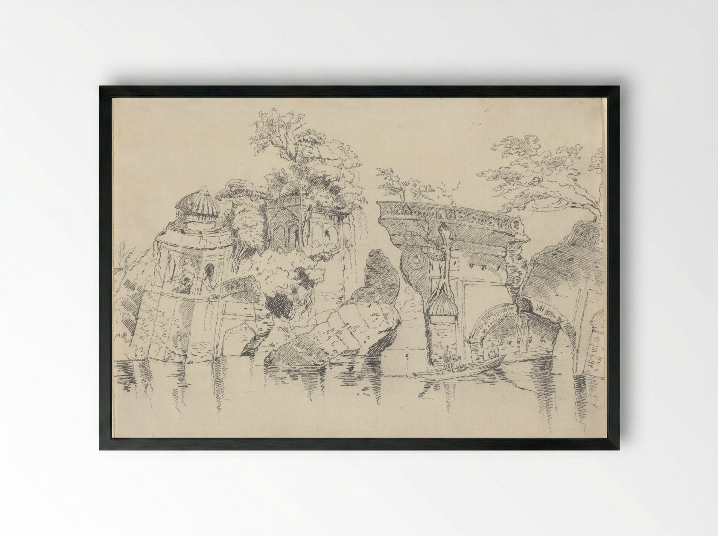 Mosque and Cuttra on the Banks of the Buragunza, Dacca - George Chinnery - Framed Print Black