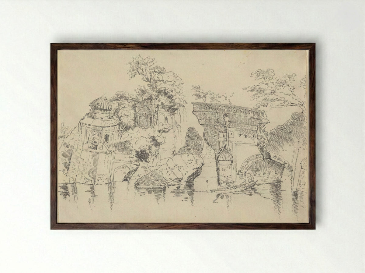 Mosque and Cuttra on the Banks of the Buragunza, Dacca - George Chinnery - Framed Print Dark Wood