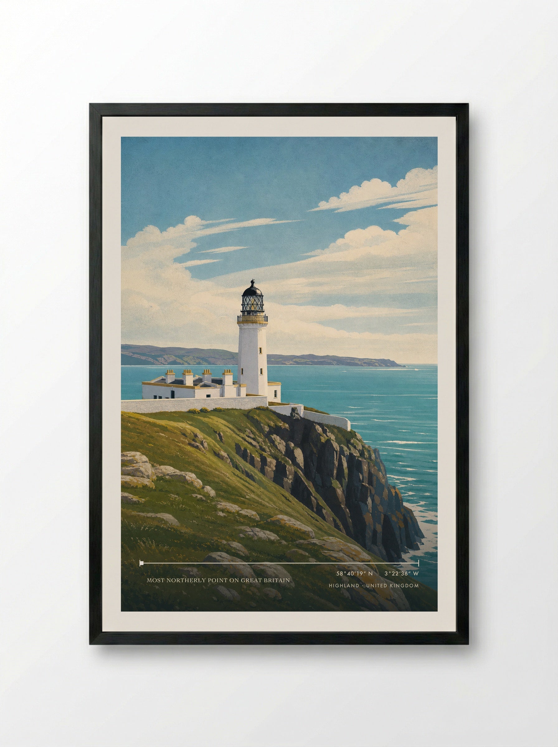 Most Northerly Point on Great Britain Highland United Kingdom Travel Poster - Framed Print Black