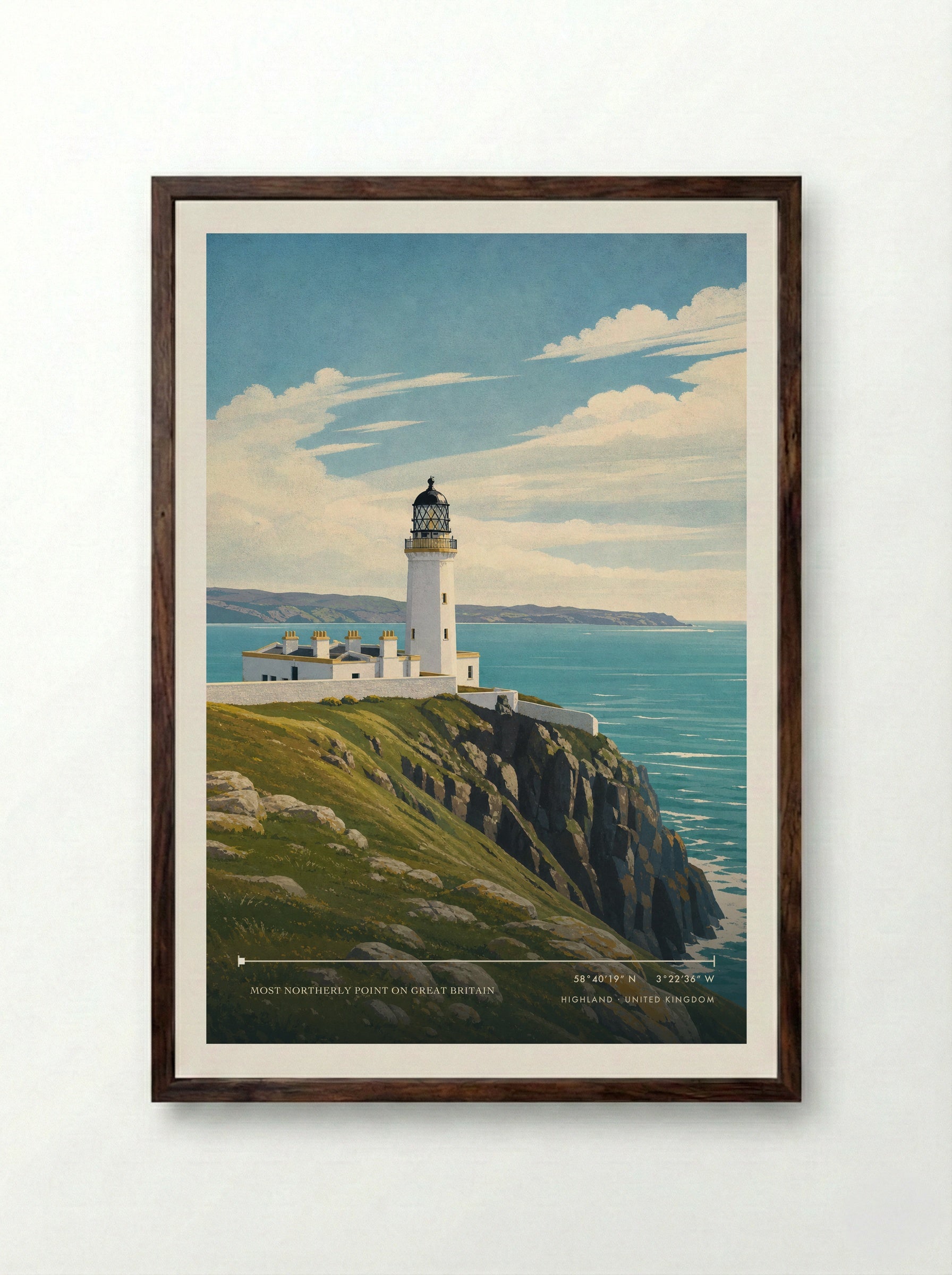 Most Northerly Point on Great Britain Highland United Kingdom Travel Poster - Framed Print Dark Wood