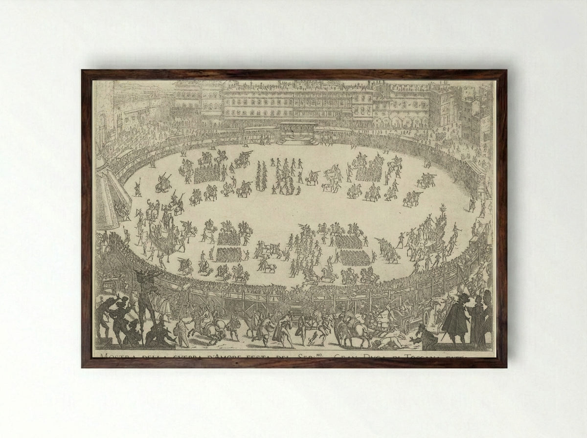 Mostra della Guerra d'Amore - Jacques Callot - Framed Print Dark Wood