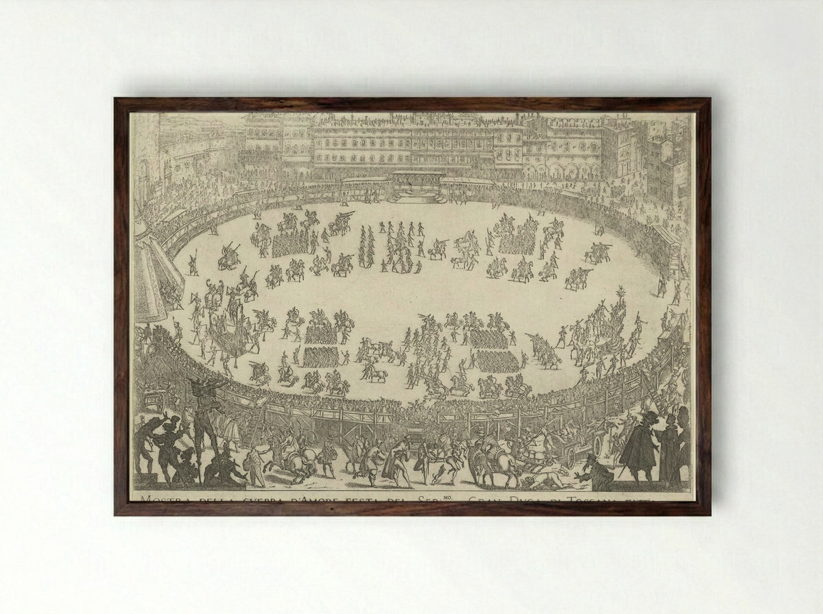 Mostra della Guerra d'Amore - Jacques Callot - Framed Print Dark Wood
