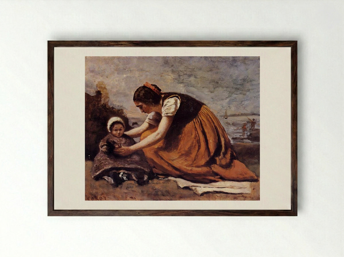 Mother and Child - Camille Corot - Framed Print Dark Wood