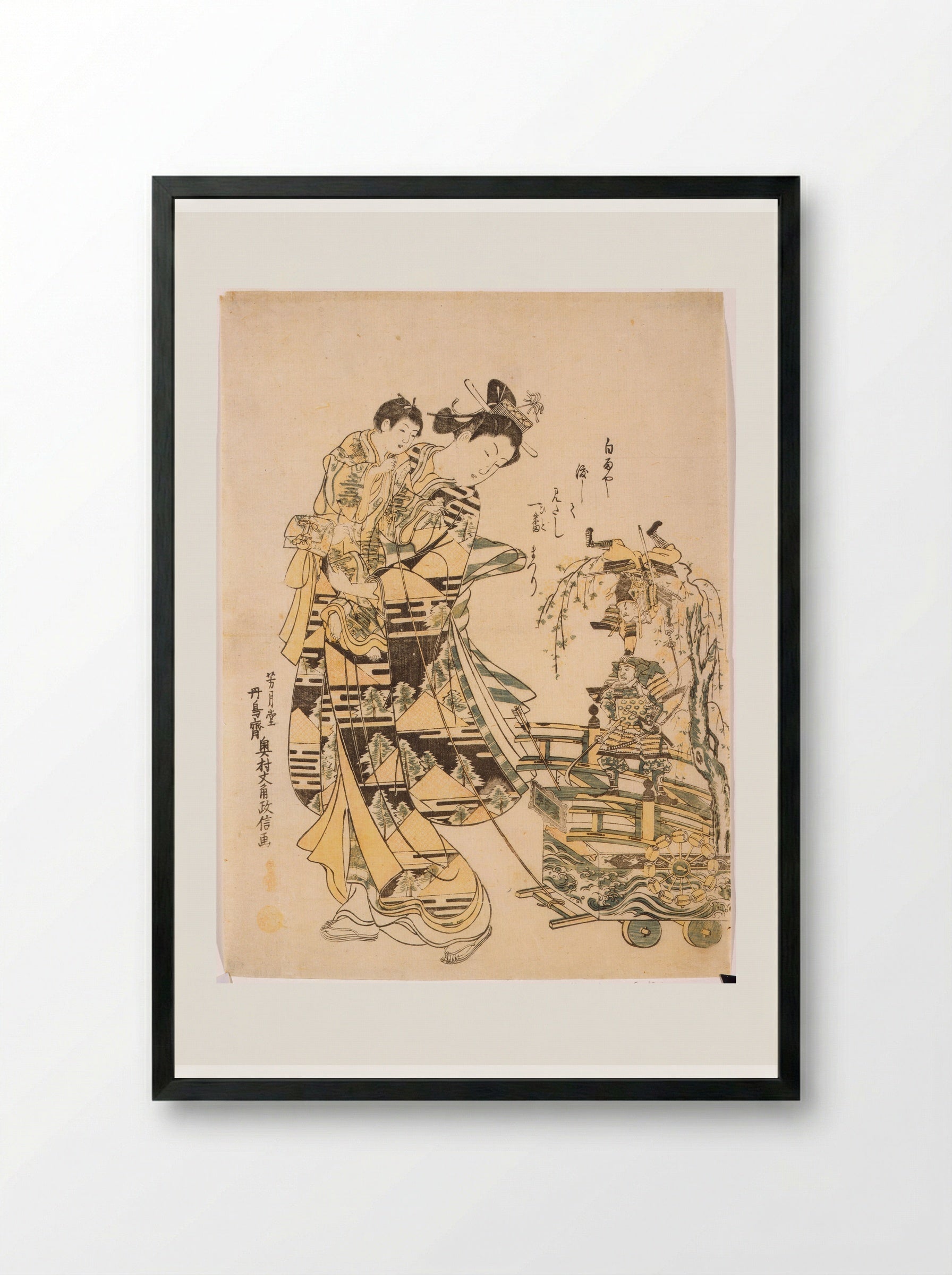 Mother and Son with Sannō Festival Toy Cart - Okumura Masanobu - Framed Print Black