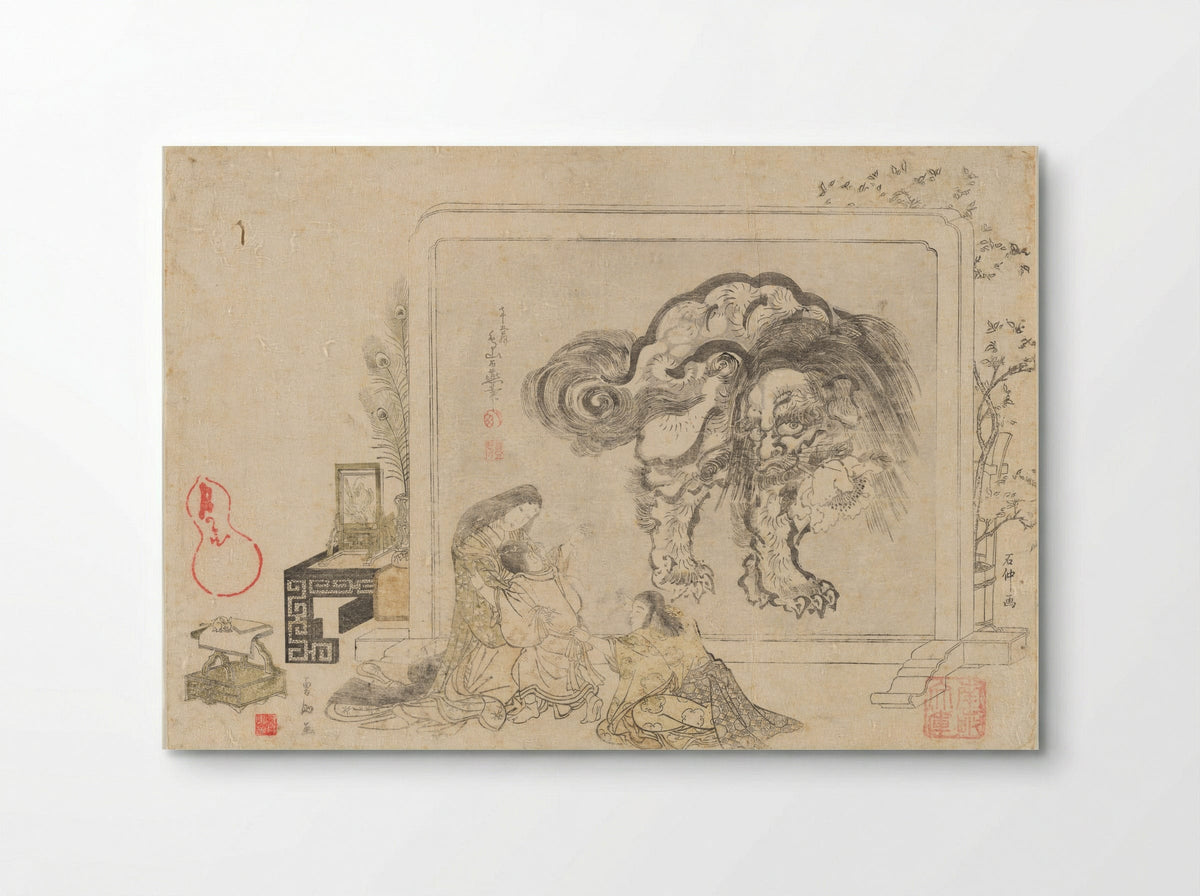 Mother and her Children in Front of a Freestanding Screen of a Chinese Lion - Kitagawa Utamaro - Poster