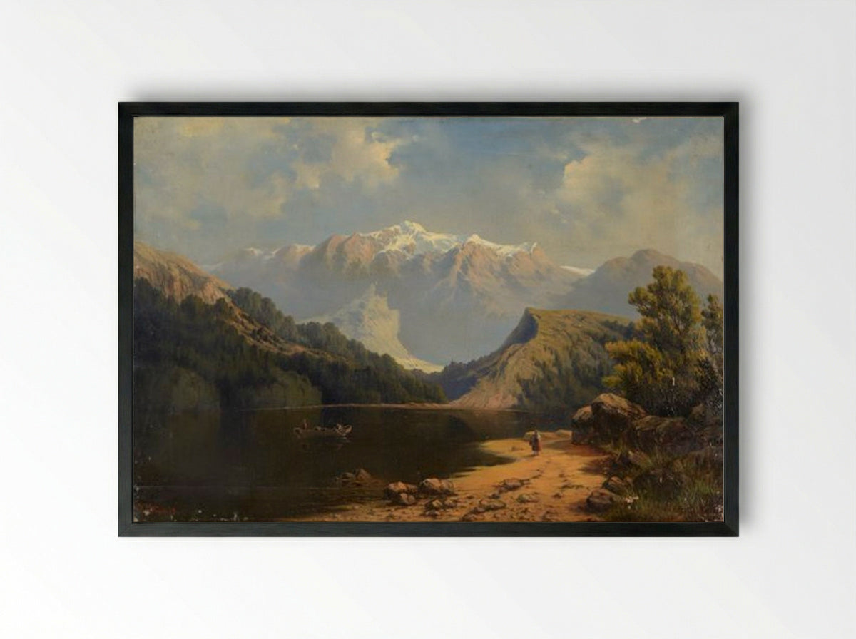Mountain Lake with a Boat - Julius Sergius von Klever - Framed Print Black