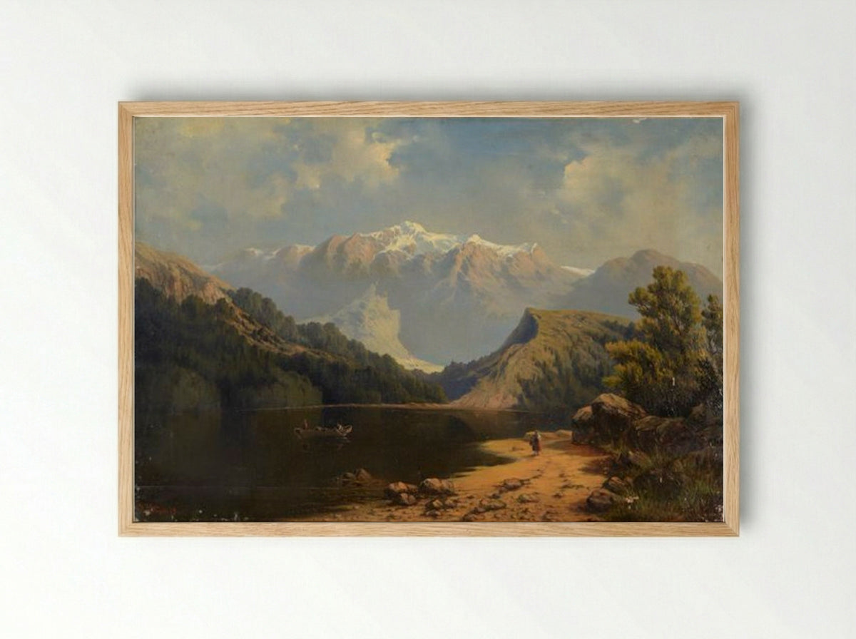Mountain Lake with a Boat - Julius Sergius von Klever - Framed Print Wood