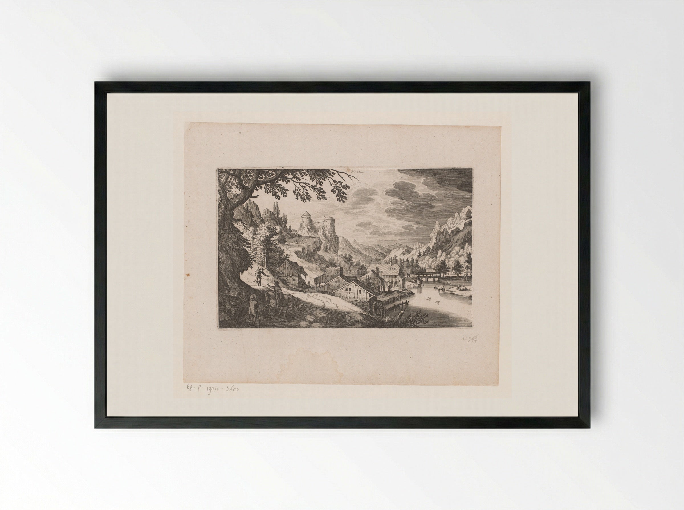 Mountain Landscape with River, Village and Castle - Matthäus Merian the Elder - Framed Print Black