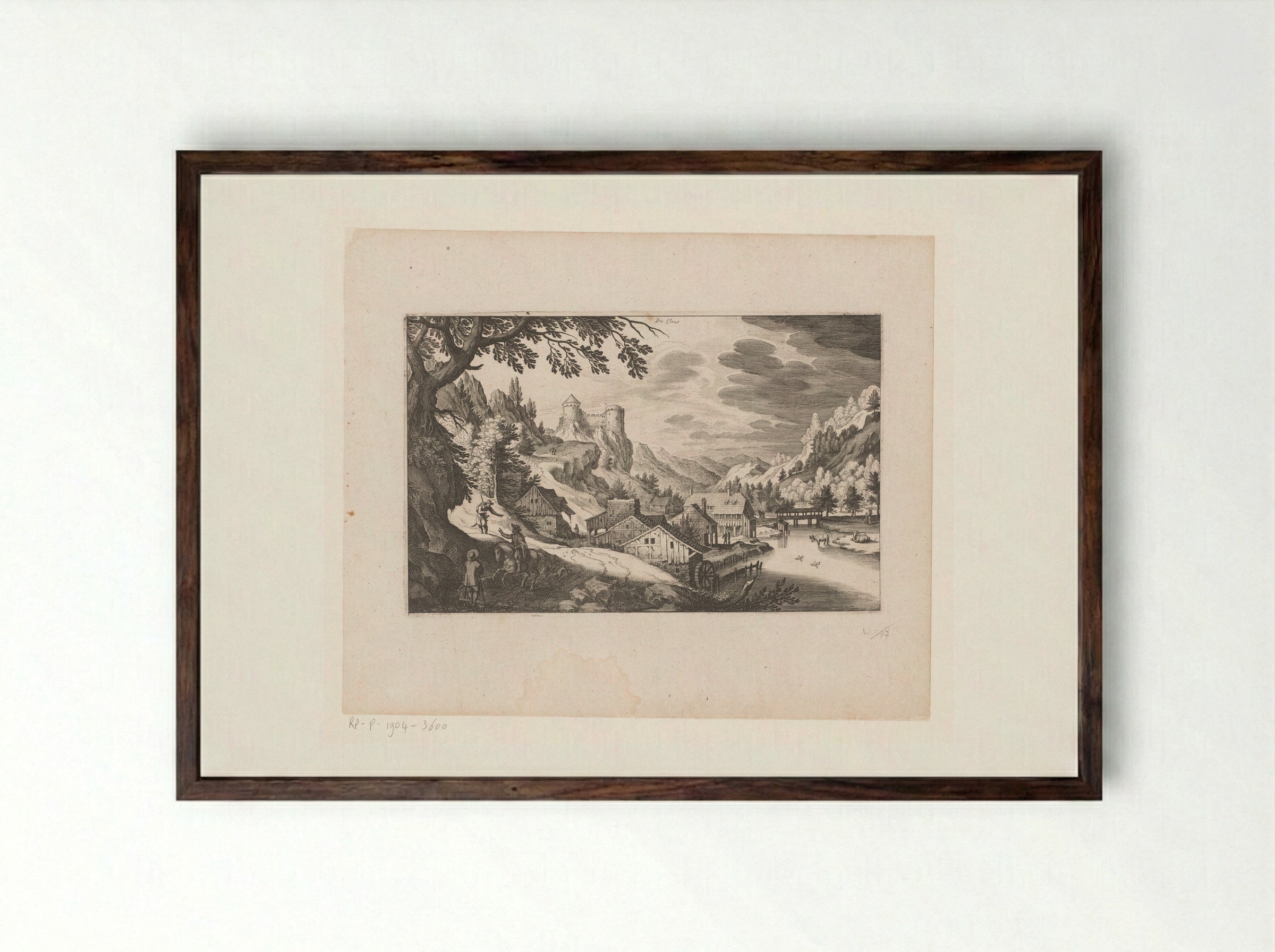 Mountain Landscape with River, Village and Castle - Matthäus Merian the Elder - Framed Print Dark Wood