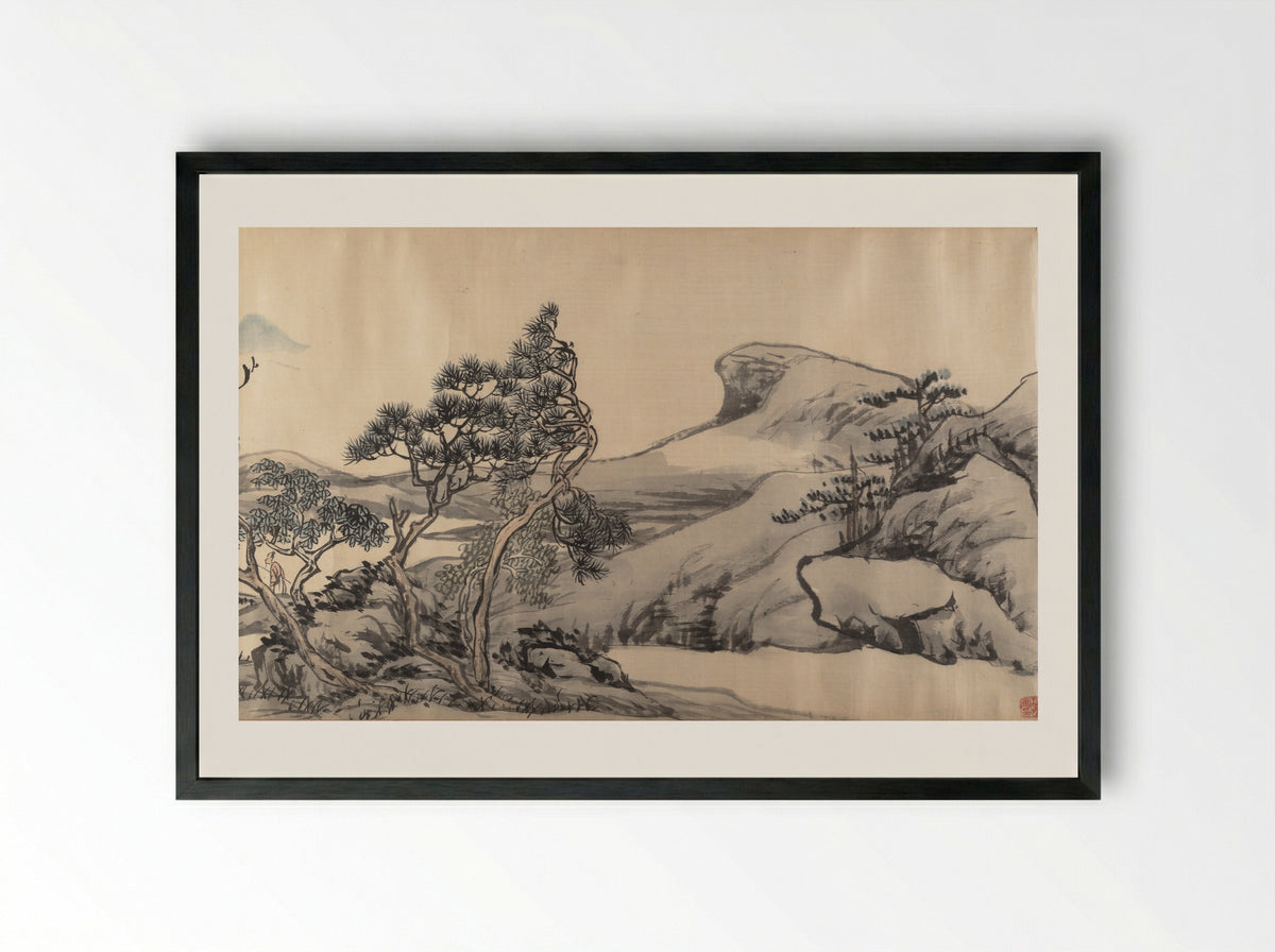 Mountain Landscape with Scholar - Zhang Cining - Framed Print Black