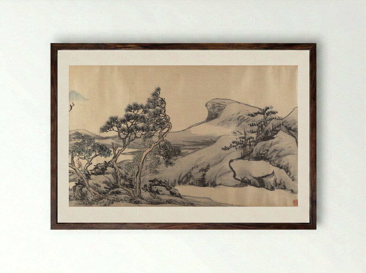 Mountain Landscape with Scholar - Zhang Cining - Framed Print Dark Wood