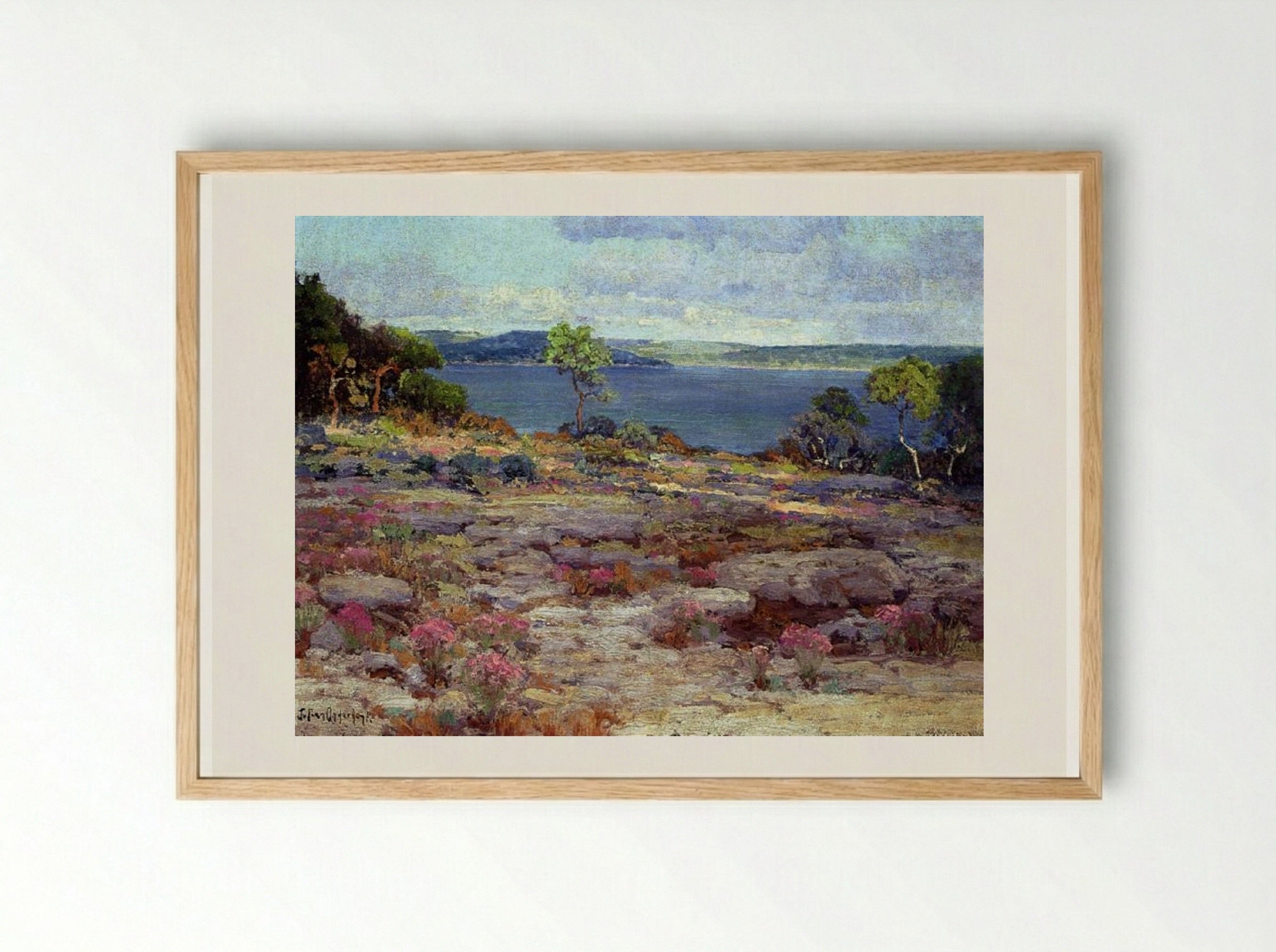 Mountain Pinks in Bloom, Medina Lake, Southwest Texas - Robert Julian Onderdonk - Framed Print Wood