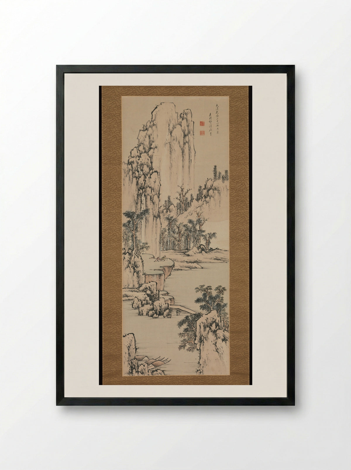Mountain Retreat by the River - Fei Hanyuan - Framed Print Black