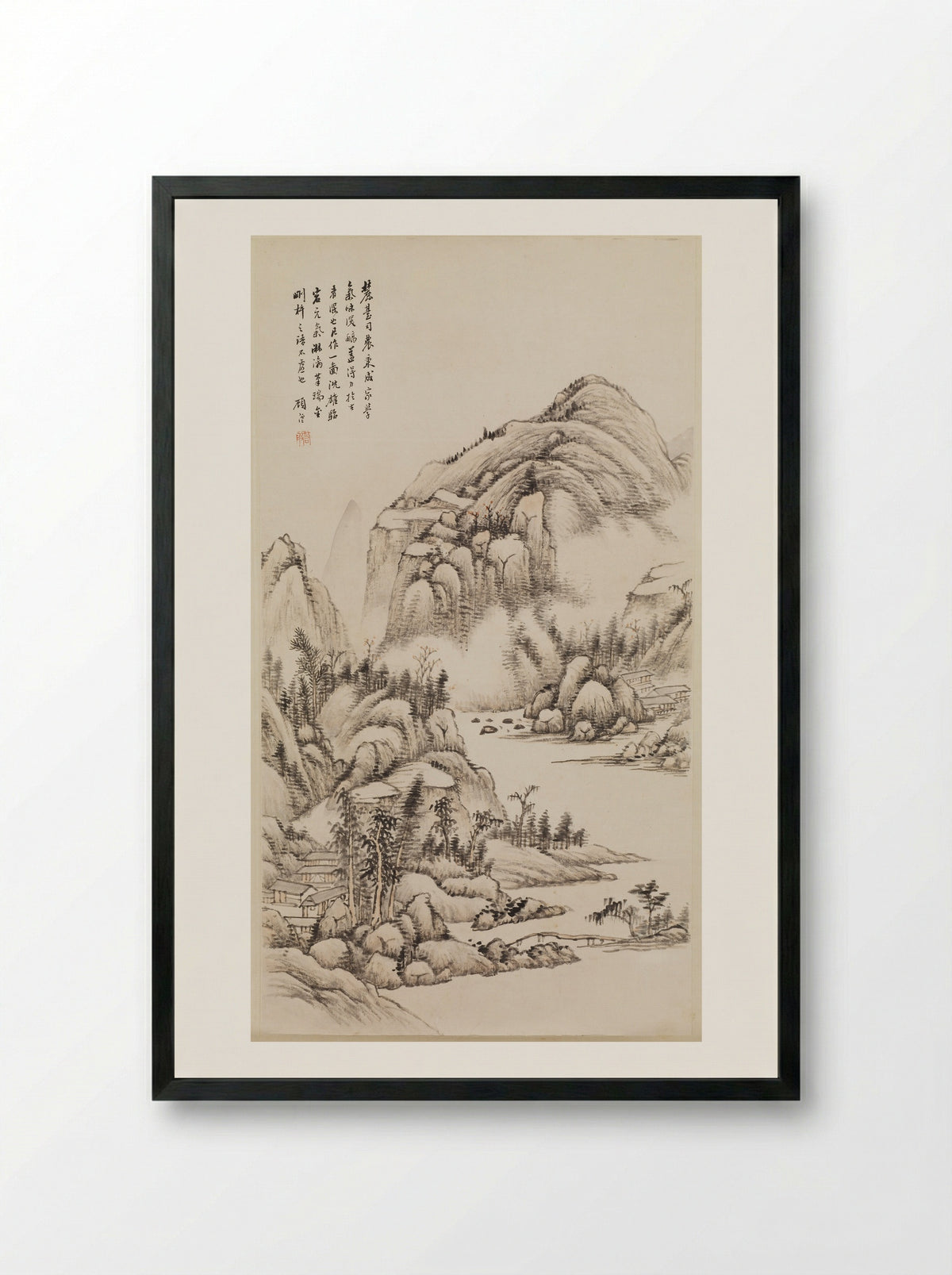 Mountain Retreat in Mist - Gu Yun - Framed Print Black