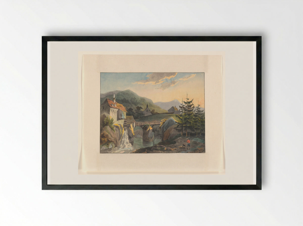 Mountain Scene with a Watermill and Bridge over a River - Johannes van Reijn - Framed Print Black