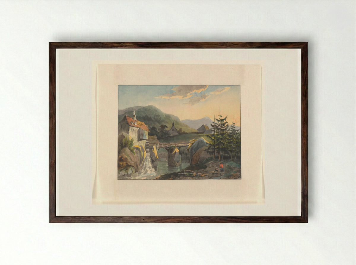 Mountain Scene with a Watermill and Bridge over a River - Johannes van Reijn - Framed Print Dark Wood