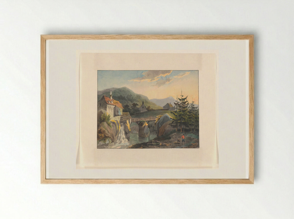 Mountain Scene with a Watermill and Bridge over a River - Johannes van Reijn - Framed Print Wood