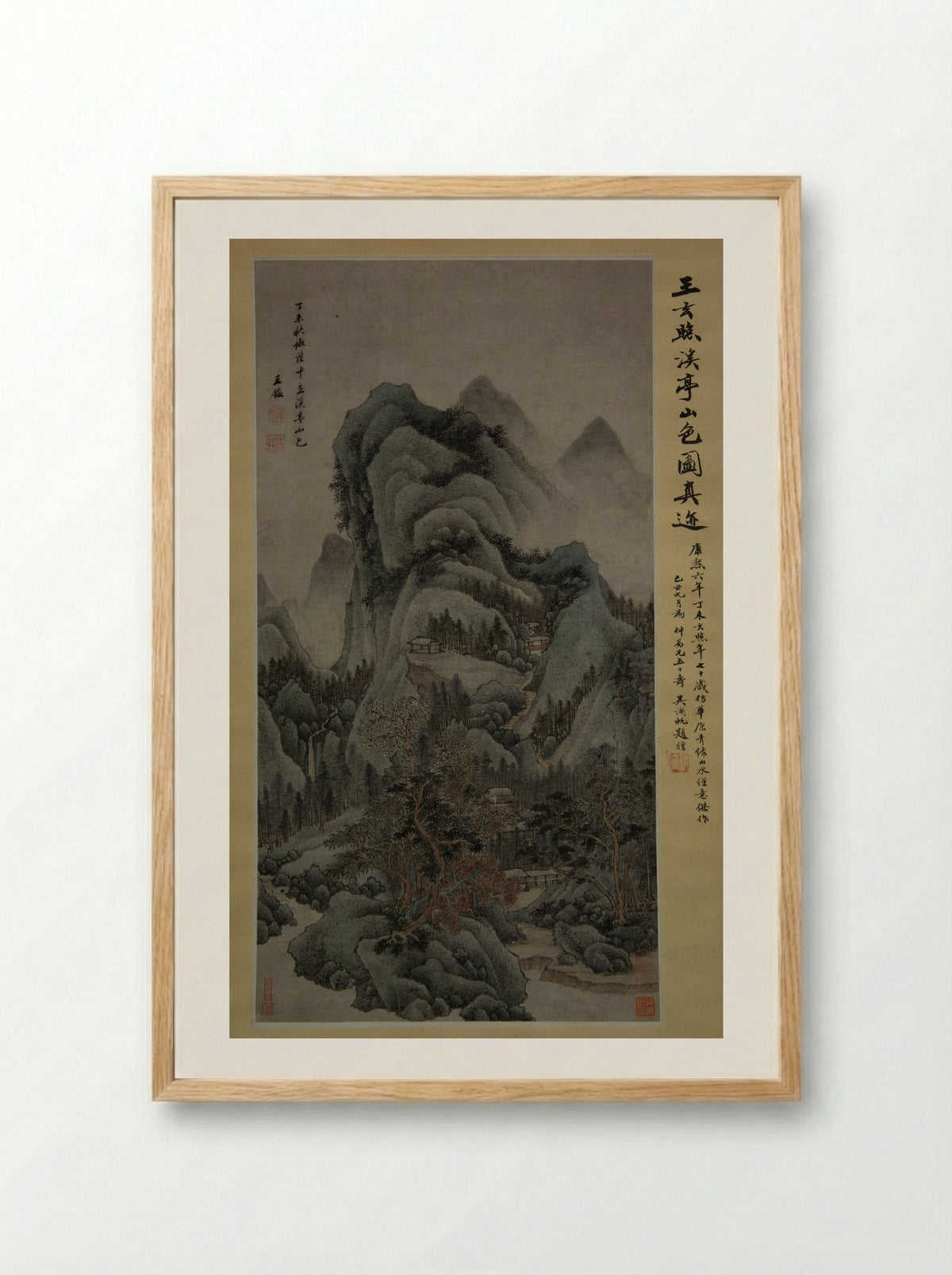 Mountain Scenery with Streams and Pavilions in the Style of Fan Kuan - Wang Jian - Framed Print Wood