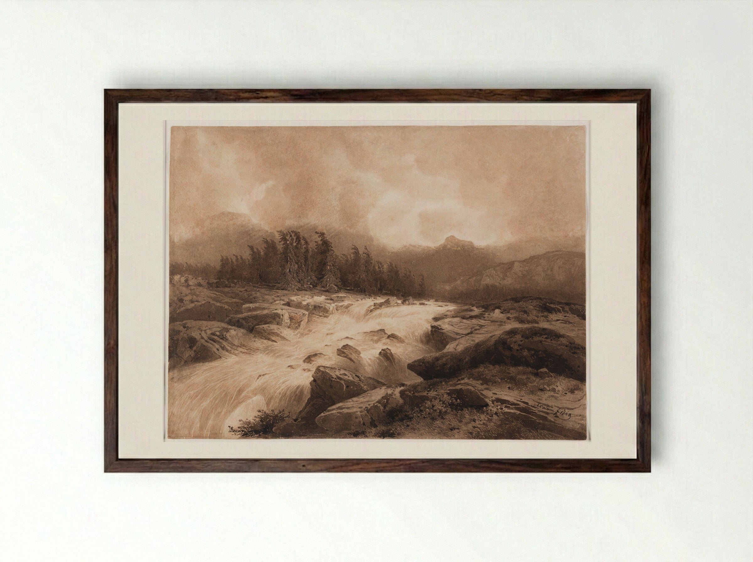 Mountain Torrent in a Storm - Alexandre Calame - Framed Print Dark Wood
