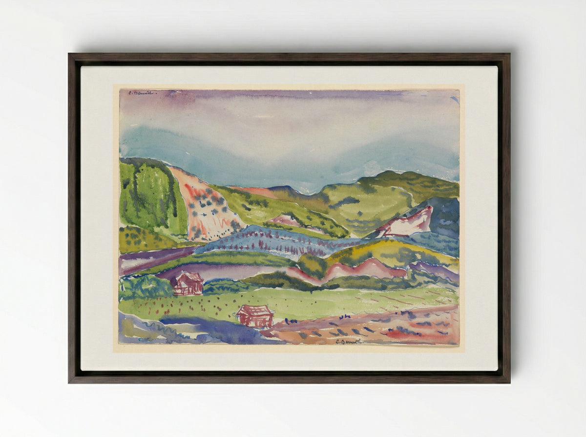Mountain with Red House - Charles Demuth - Framed Canvas Dark Wood