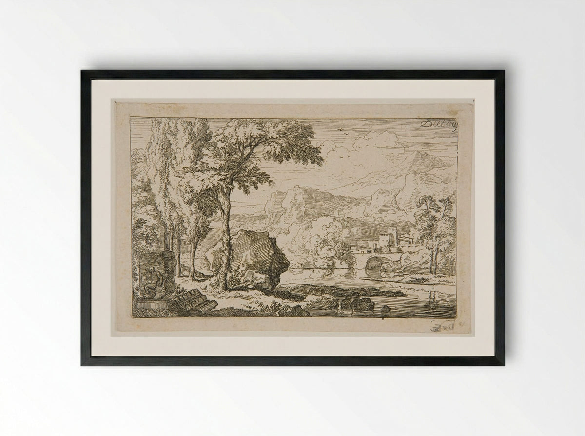 Mountainous Landscape with Bas-Relief - Christian Wilhelm Ernst Dietrich - Framed Print Black