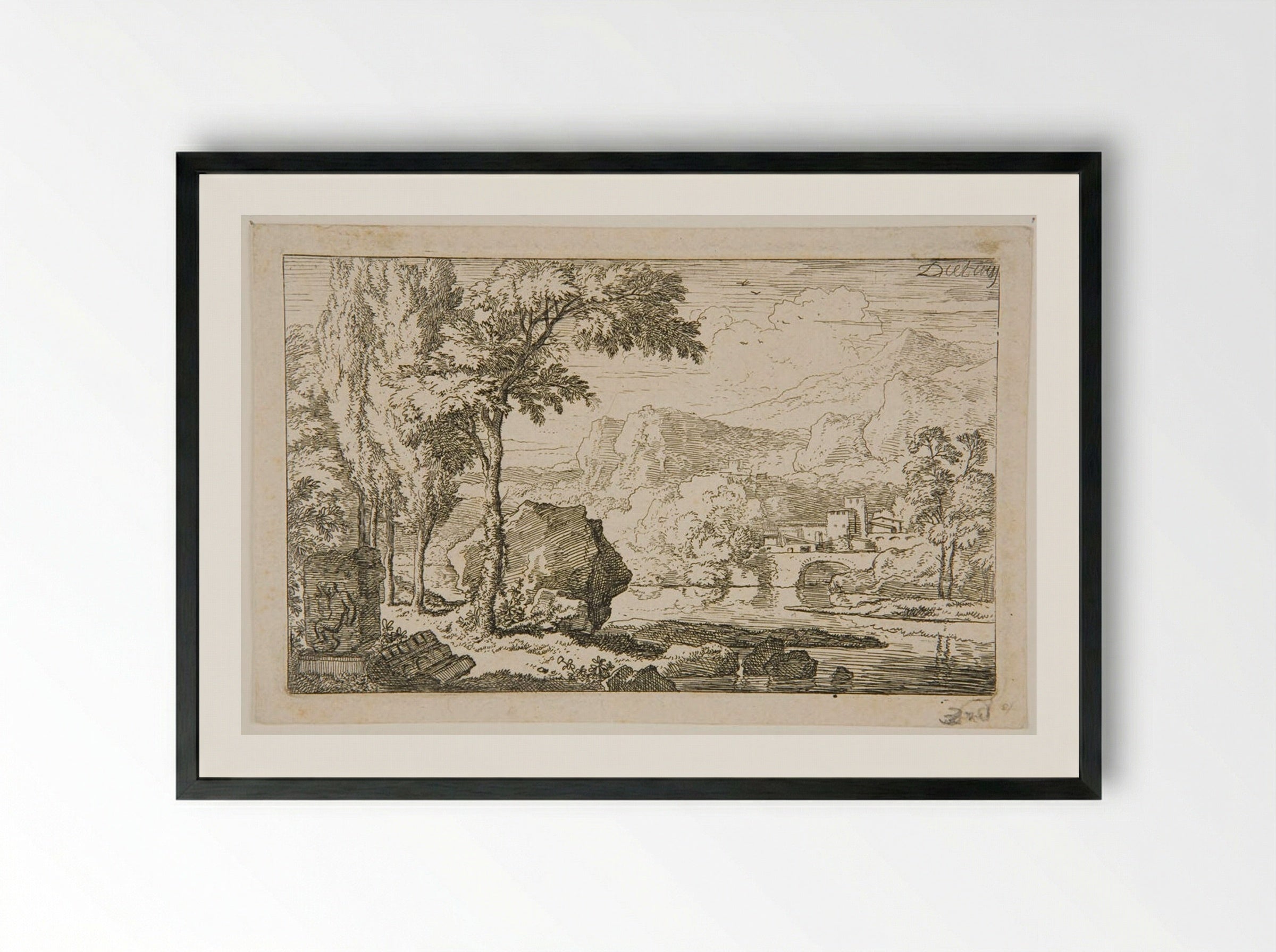 Mountainous Landscape with Bas-Relief - Christian Wilhelm Ernst Dietrich - Framed Print Black