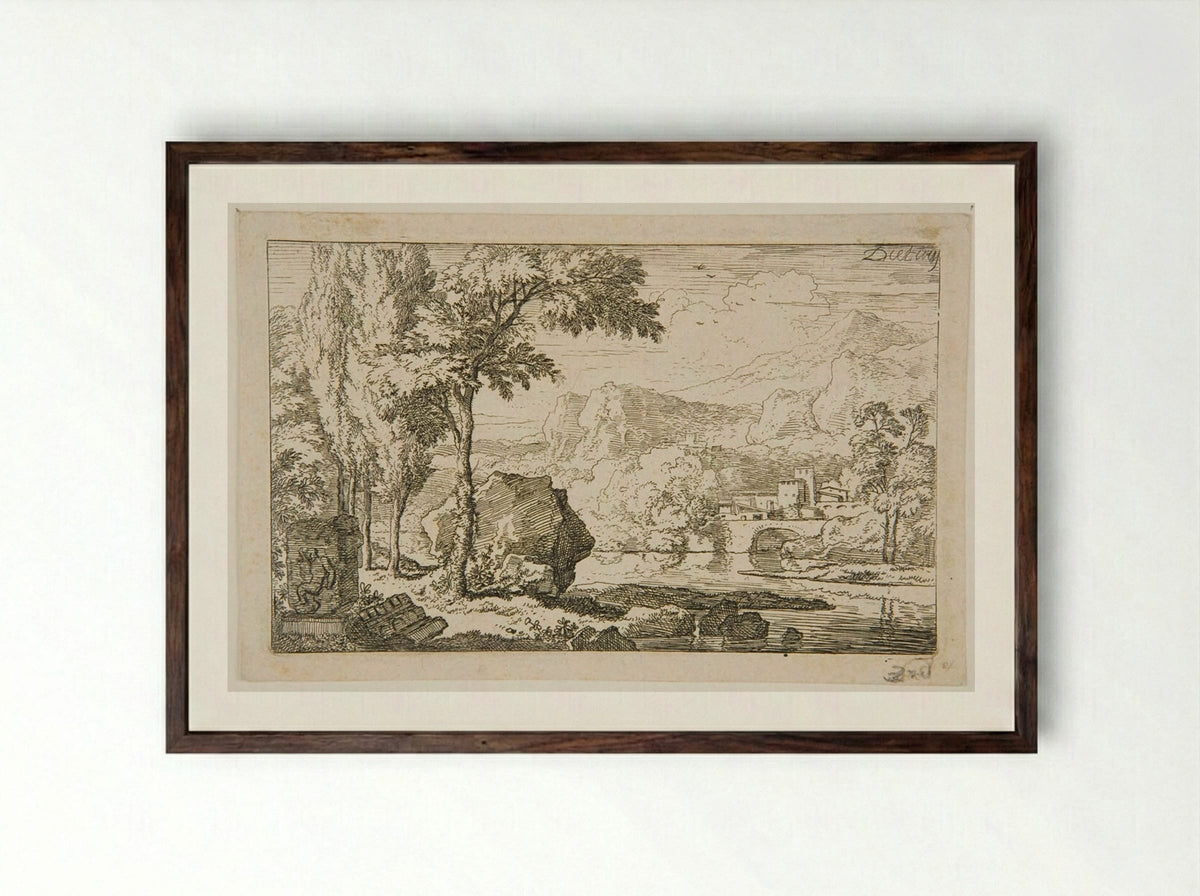 Mountainous Landscape with Bas-Relief - Christian Wilhelm Ernst Dietrich - Framed Print Dark Wood
