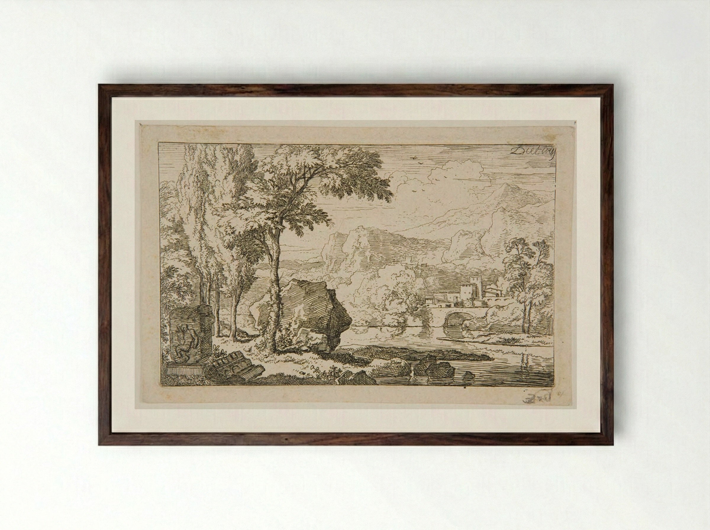 Mountainous Landscape with Bas-Relief - Christian Wilhelm Ernst Dietrich - Framed Print Dark Wood