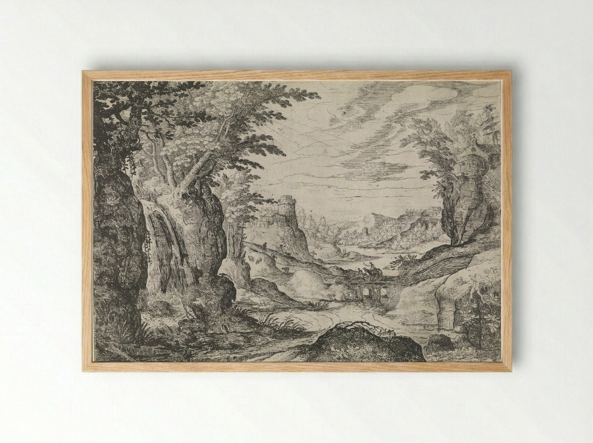 Mountainous Landscape with River and Bridge - Nicolas Moillon - Framed Print Wood