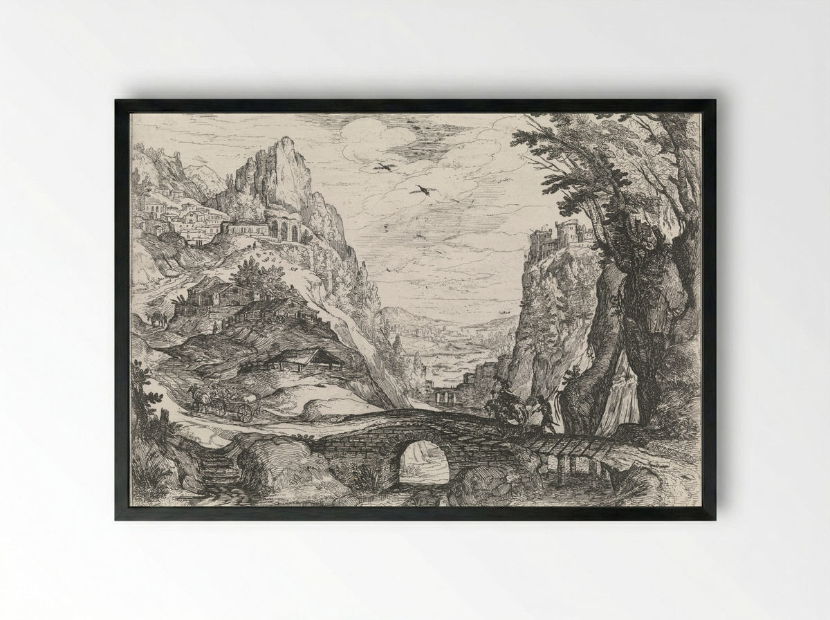 Mountainous Landscape with Stone Bridge - Nicolas Moillon - Framed Print Black
