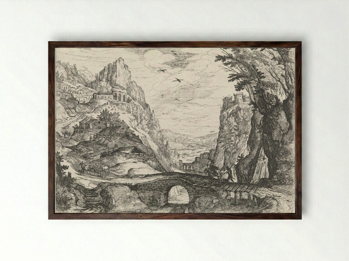 Mountainous Landscape with Stone Bridge - Nicolas Moillon - Framed Print Dark Wood