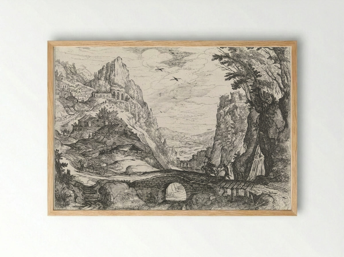 Mountainous Landscape with Stone Bridge - Nicolas Moillon - Framed Print Wood