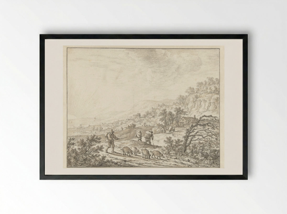 Mountainous Landscape with Sunset - Herman Saftleven - Framed Print Black