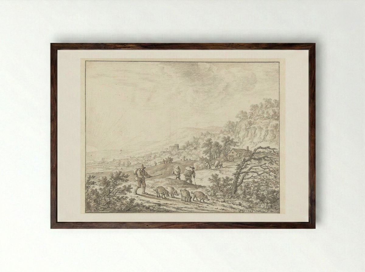 Mountainous Landscape with Sunset - Herman Saftleven - Framed Print Dark Wood