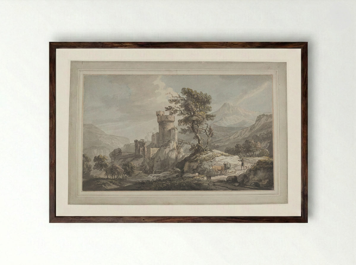 Mountainous Landscape with a Castle - Paul Sandby - Framed Print Dark Wood