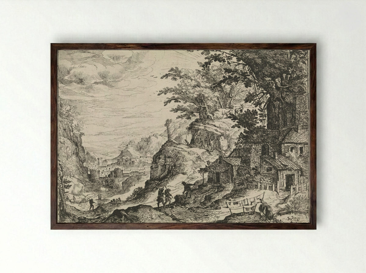 Mountainous Landscape with a Walled City in the Valley - Nicolas Moillon - Framed Print Dark Wood