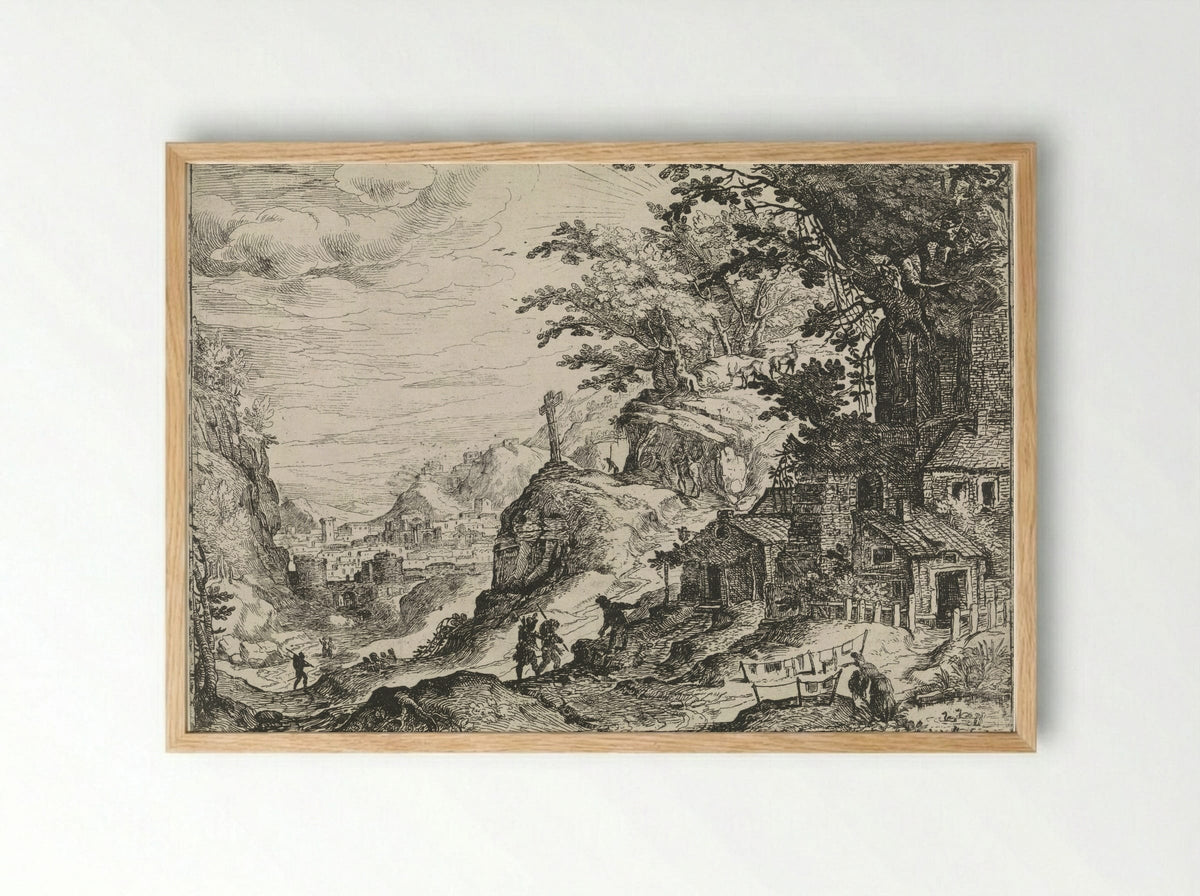 Mountainous Landscape with a Walled City in the Valley - Nicolas Moillon - Framed Print Wood