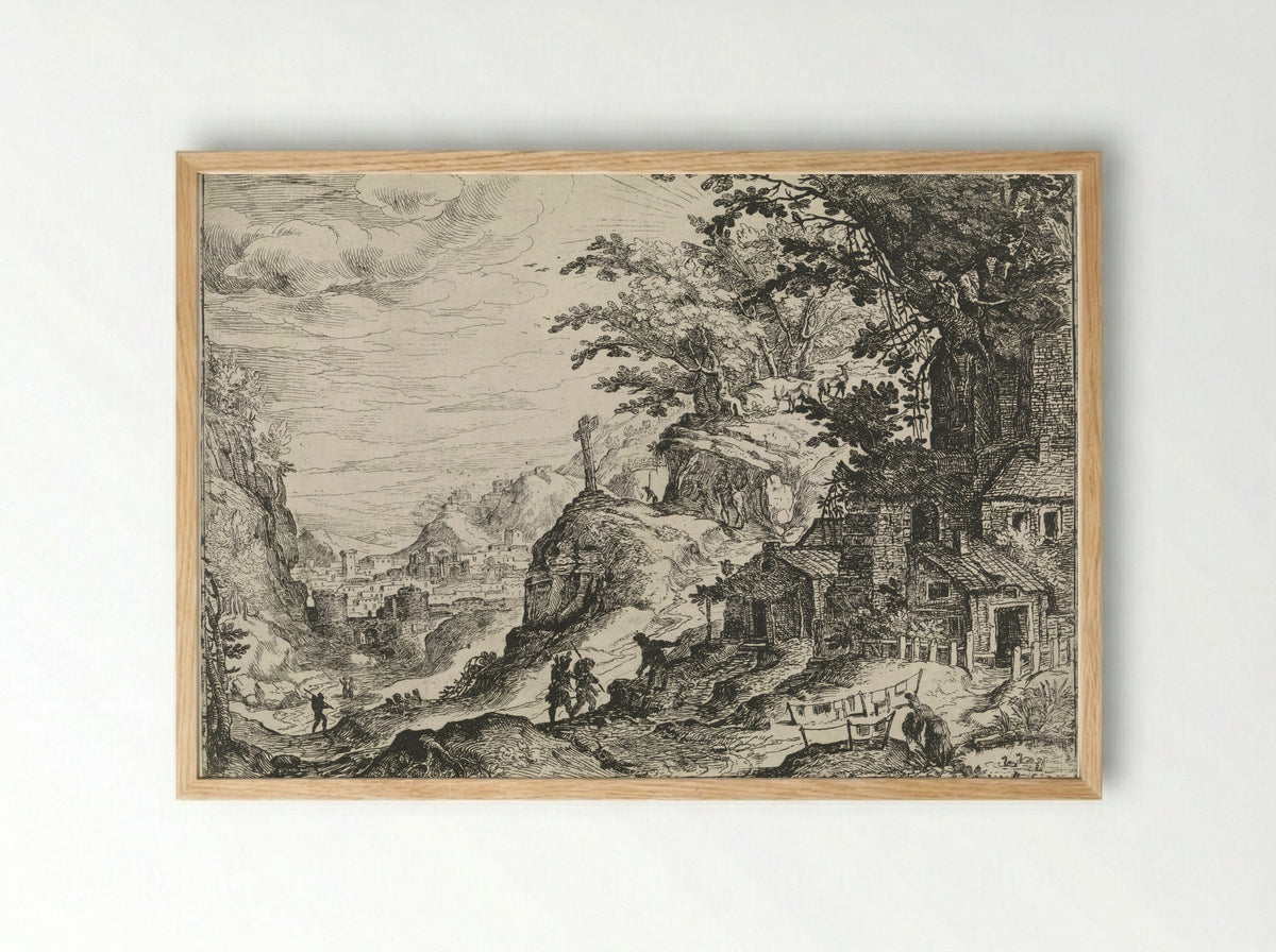 Mountainous Landscape with a Walled City in the Valley - Nicolas Moillon - Framed Print Wood