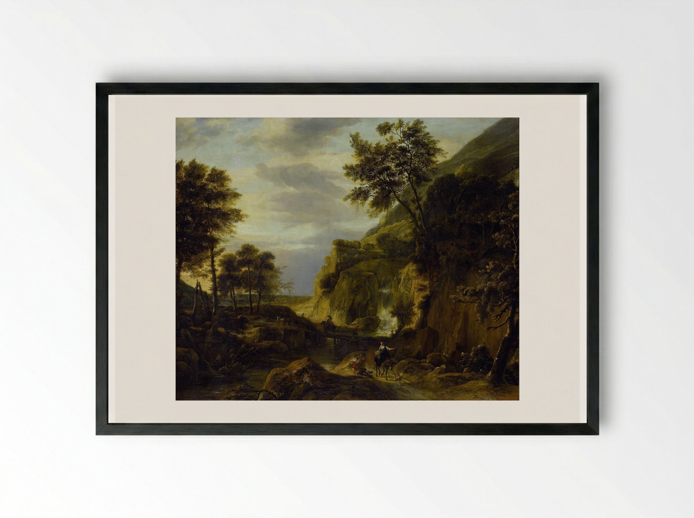 Mountainous Landscape with a Waterfall - Roelant Roghman - Framed Print Black