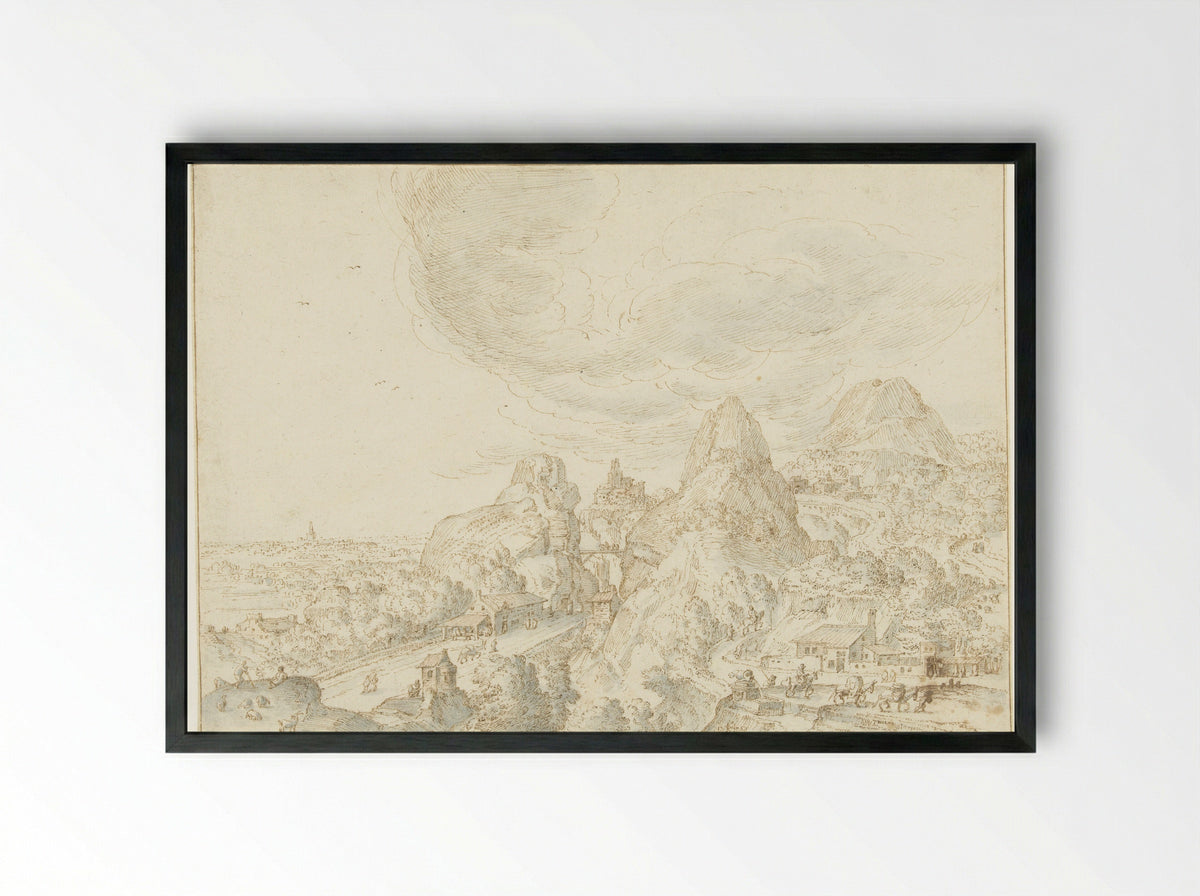 Mountainous Landscape with a Winding Road - Hendrick van Cleve III - Framed Print Black