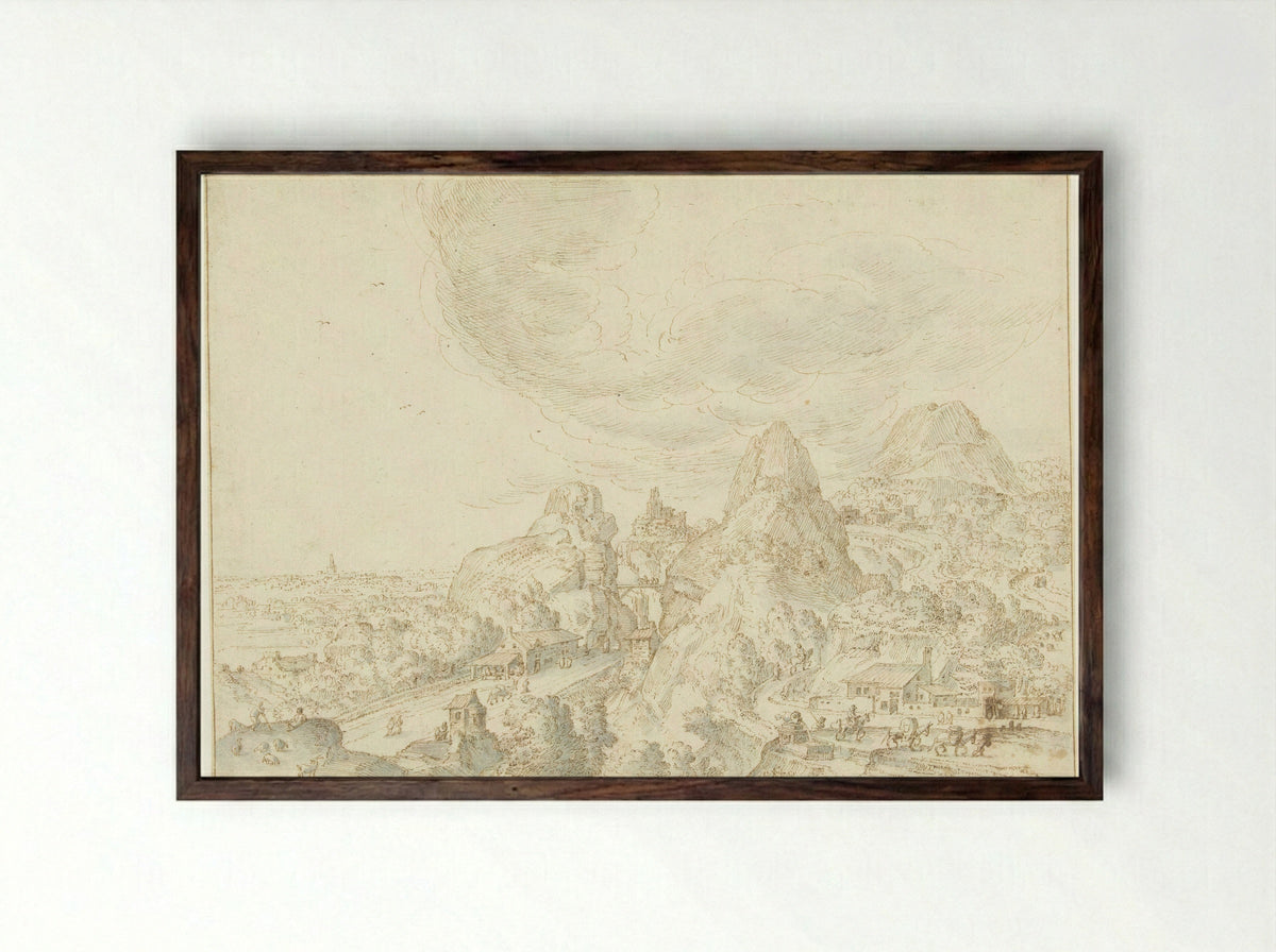 Mountainous Landscape with a Winding Road - Hendrick van Cleve III - Framed Print Dark Wood